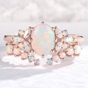 Vintage Oval Cut Opal Engagement Ring Set Unique Branch Vines Ring Rose Gold Leaf Floral Wedding Rings Stacking Matching Bridal Band For Her