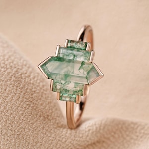 Hexagon Moss Agate Engagement Ring: Rose Gold Vintage Bridal Ring