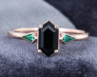 Hexagon Black Onyx Engagement Ring: Emerald Kite Cluster, Rose Gold Art Deco