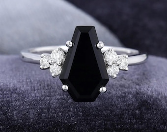Art Deco Black Onyx Engagement Ring Set: Moissanite Stacking Band, Sterling Silver