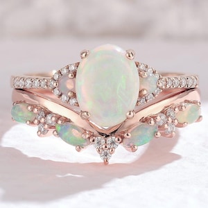 Vintage Oval Cut Opal Engagement Ring Set Unique Branch Vines Ring Rose Gold Leaf Floral Wedding Rings Stacking Matching Bridal Band For Her
