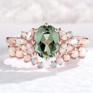 Einzigartiger grüner Saphir Verlobungsring Ovalschliff Teal Saphir Ring Roségold Diamant Cluster Versprechen Ring personalisierte Jahrestagsgeschenk