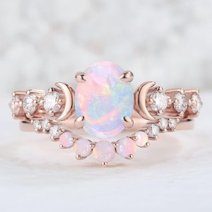 Vintage Oval Cut Opal Engagement Ring Set Unique Branch Vines Ring Rose Gold Leaf Floral Wedding Rings Stacking Matching Bridal Band For Her