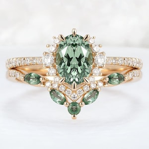 Green Sapphire Engagement Ring Set: Diamond Leaf Twist, Gold Wedding Jewelry