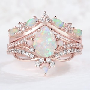 Vintage Oval Cut Opal Engagement Ring Set Unique Branch Vines Ring Rose Gold Leaf Floral Wedding Rings Stacking Matching Bridal Band For Her