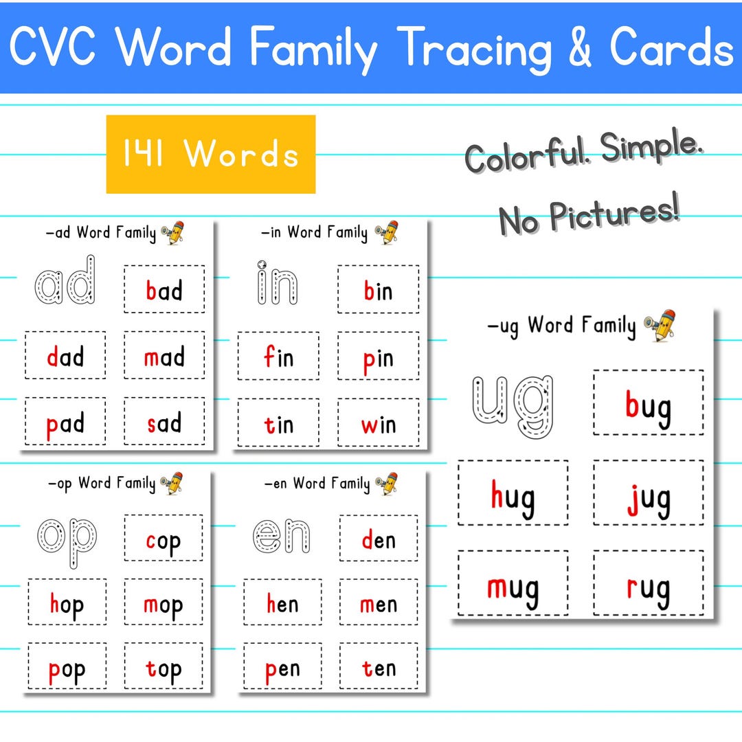 CVC Word Family Worksheets – Trace & Read Phonics (PDF Pattern) - Etsy ...