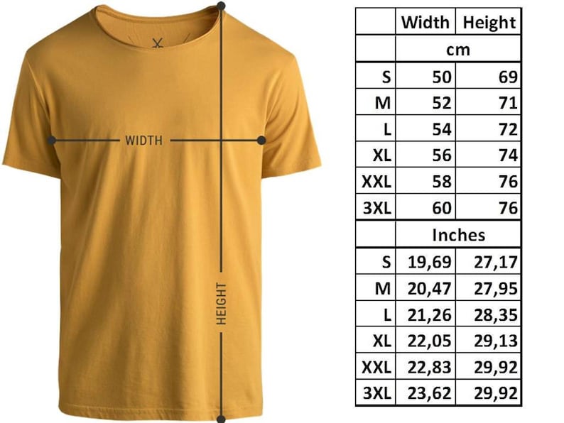 May include: A mustard yellow short-sleeve t-shirt with a crew neckline. A size chart is displayed to the right, listing measurements in inches and centimeters for sizes S through 3XL, showing widths from 19.69 to 23.62 inches and heights from 27.17 to 29.92 inches.