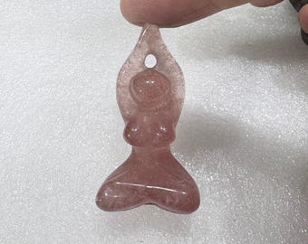 Strawberry Quartz Goddess Pendant - Hand-Carved Crystal, Fertility Symbol