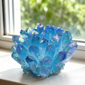 May include: A cluster of blue crystals with iridescent highlights. The crystals are arranged in a rounded shape, with many pointed tips. The color is a vibrant blue with hints of purple and green. The crystals are sitting on a white surface.