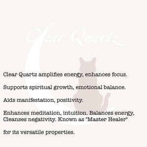 May include: A beige background with the words "Clear Quartz" in a cursive font. Below, text describes the properties of clear quartz, including energy amplification and spiritual growth. A cat silhouette is also present.