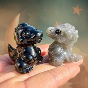 Op de afbeelding: Twee kleine dinosaurusbeeldjes. Eén is glanzend zwart, de andere is een grijs en witte steen. Beide hebben grote, donkere ogen en zitten. De beeldjes worden op een lichtgekleurd oppervlak gepresenteerd.