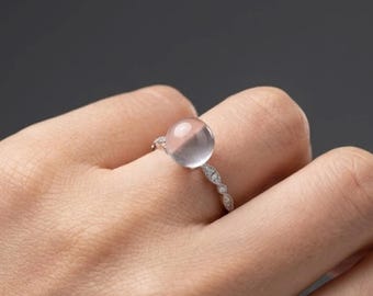 Natuurlijke bergkristalring, zeer heldere kristallen bol van 8 mm, verstelbare ring 925 sterlingzilver, minimalistische stapelbare ring