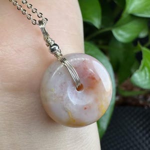 Natural Cherry Blossom Agate Donut Pendant | Copper Wire Wrapped Healing Crystal Necklace
