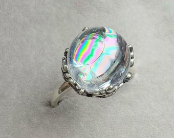 Natural Rainbow Clear Quartz Round Bead Ring – S925 Silver