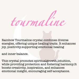 May include: A light beige background with the word "tourmaline" in pink script. A pink cat silhouette is next to the text. Text below describes the crystal's healing properties.