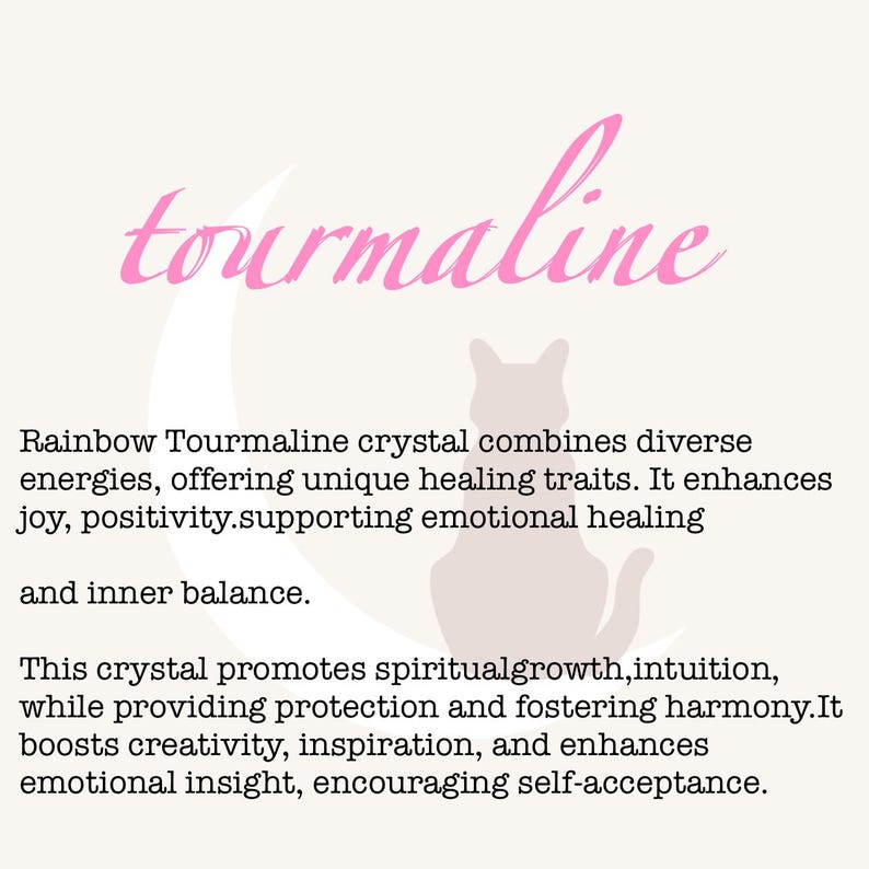 May include: A light beige background with the word "tourmaline" in pink script. A pink cat silhouette is next to the text. Text below describes the crystal's healing properties.