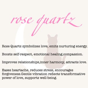 May include: A light background with the words "rose quartz" in pink script. Below, text describes the properties of rose quartz, including love, emotional healing, and inner harmony. A cat silhouette is also visible.