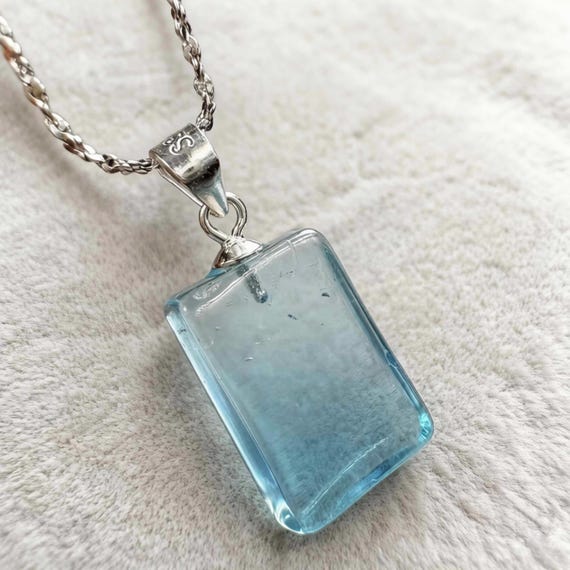 Natural Blue Topaz Pendant | 17mm Rectangle Gemstone Necklace | S925 Sterling Silver Jewelry