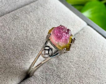 Natural Watermelon Tourmaline Raw Stone Ring – Copper Setting, Adjustable Boho Jewelry