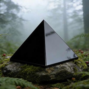 May include: A glossy black pyramid sculpture with a flat base. The pyramid is set on a moss-covered rock, surrounded by ferns and foliage. The background is a blurred forest scene, creating a natural setting.