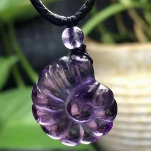May include: A purple amethyst pendant carved in a spiral seashell design, suspended from a black cord necklace. The pendant is a translucent, polished gemstone with a round bead above it. The background is blurred green.