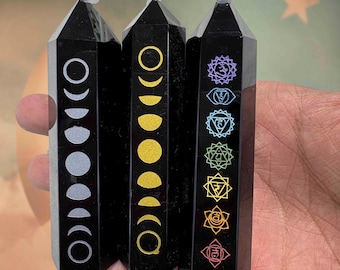 Natural Black Obsidian Chakra Tower 6–8cm | Gold Engraved Crystal | Protection & Healing