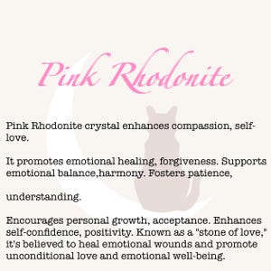 May include: A light beige graphic with the words "Pink Rhodonite" in pink script. The text describes the crystal's properties, including enhancing compassion, emotional healing, and self-confidence. A cat silhouette is also present.