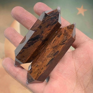 May include: Two brown and black gemstone obelisks with pointed tops. The obelisks have a polished finish and are held in a hand. The gemstones have a natural, marbled appearance with variations in colour and pattern.
