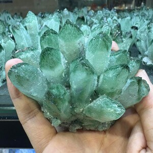 May include: A cluster of green quartz crystals with sharp, pointed tips. The crystals have a translucent quality, with varying shades of green. The cluster is held in a hand, showcasing the natural formation and texture of the mineral specimen.
