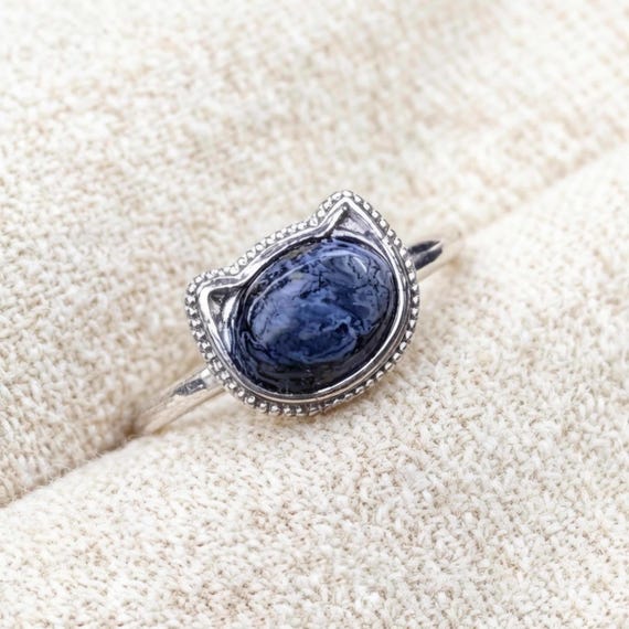 Natural Pietersite Cat Ring, 925 Sterling Silver, Storm Stone Jewelry, Dainty Kitten Ring for Cat Lovers, Healing Crystal Gift
