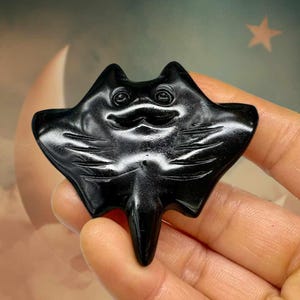 May include: A carved black stone stingray figurine. The figurine has a smooth, polished surface and is detailed with eyes, a mouth, and wing-like fins. The stingray is held in a hand against a soft background.