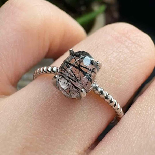 Natural Black Rutilated Quartz Ring | S925 Sterling Silver Adjustable Band