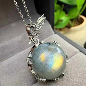 Natural Flashy Labradorite Sphere Pendant, Fairy Wing Crystal Orb Necklace, Golden Yellow Teal Fire Labradorite, Psychic Protection Talisman