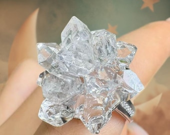 Natural Herkimer Diamond Flower Ring S925 Silver Adjustable – Clear Quartz Crystal Jewelry