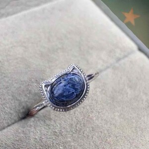 May include: A silver ring featuring a blue oval gemstone set in a cat-shaped bezel. The ring has a delicate band and a textured border around the gemstone. The gemstone has a marbled appearance.