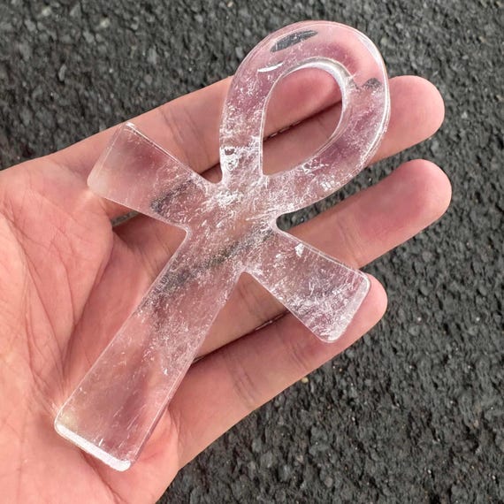 Natural Crystal Ankh Cross 10cm, Hand Carved Healing Gemstone, Ancient Egyptian Symbol, Spiritual Altar Decor, Energy Gift for Her