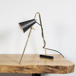 Modern Brass Table Lamp – Mid Century Desk Light with Cone Shade – Adjustable Metal Reading Lamp – Minimalist Accent Lighting