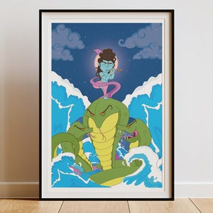 クリシュナ デジタルプリント ウォールアート | クリシュナがカリヤで踊る 印刷可能なポスター | ヒンドゥー教の壁飾り | クリシュナ神のオリジナル作品