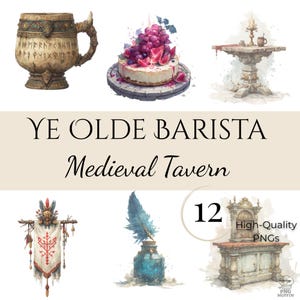 Peut inclure: Illustration sur le thème d'une taverne médiévale. Comprend une grande chope avec des runes, un gâteau garni de fruits, une petite table avec une bougie, une bannière, une plume et un encrier, et un bar. Le texte indique "Ye Olde Barista Medieval Tavern".