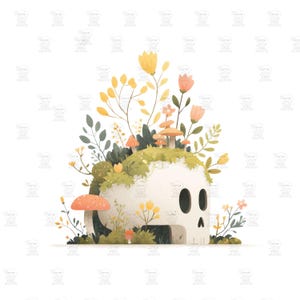 May include: A whimsical illustration of a skull adorned with colourful flowers, mushrooms, and foliage. The skull is white with dark eye sockets and a nose cavity. The surrounding plants feature shades of green, yellow, and orange, creating a vibrant, nature-inspired design.