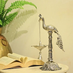 Silver Metal Peacock Diya | Indian Oil Lamp Holder | Traditional Pooja Stand | Auspicious Gift