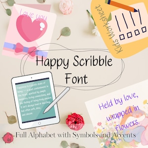 Könnte beinhalten: Ein digitales Kunstdesign mit einem Tablet mit Text, einer rosa Herzkarte mit der Aufschrift "Love you" und einer Karte mit der Aufschrift "Held by love, wrapped in flowers". Das Design enthält auch den Text "Happy Scribble Font" und "Full Alphabet with Symbols and Accents."