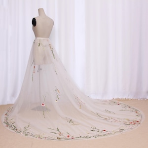 Wildflower lace bridal overskirt. Ivory tulle floral lace detachable bridal train. Detachable boho wedding train. Wildflower dress overlay