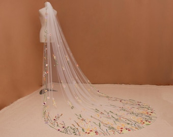 H1, Wildflower Meadow Bridal Veil | Colorful Embroidered Cathedral Veil | Handmade Boho Wedding Veil | Boho Garden Wedding Veil