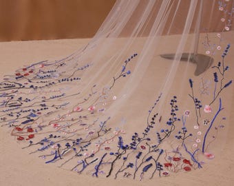 H3, Ivory Blue Floral Cathedral Veil | Mantilla Wedding Veil with Blue and Red Embroidery | Boho Garden Lace Bridal Veil Handmade