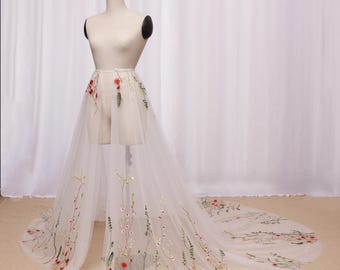 H14,Wildflower Lace Detachable Train for Wedding. Boho Floral Lace Overskirt. Removable Flower Applique Skirt. Bridal Detachable Tulle Train