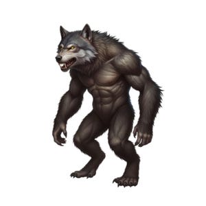 Peut inclure: Illustration numérique d'un loup-garou, créature mythique avec une tête de loup et un corps humain musclé. Le loup-garou a une fourrure grise sur la tête et les épaules, avec des yeux jaunes et des dents découvertes. Son corps est brun foncé avec une musculature visible.