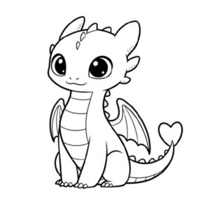 Pode incluir: Uma ilustração de arte linear em preto e branco de um pequeno dragão com olhos grandes, orelhas pontudas e asas pequenas. O dragão está sentado em posição vertical, apresentando uma barriga segmentada, uma fileira de pequenos espinhos nas costas e uma cauda em forma de coração.