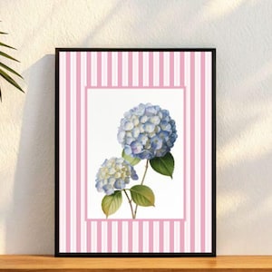 Blue Hydrangea Pair Digital Print – Vintage Botanical Floral Wall Art with Pink Stripe Border, Feminine Garden-Inspired Decor