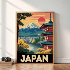 Japan Travel Poster Digital Download – Vintage Japanese Wall Art with Mount Fuji & Pagoda